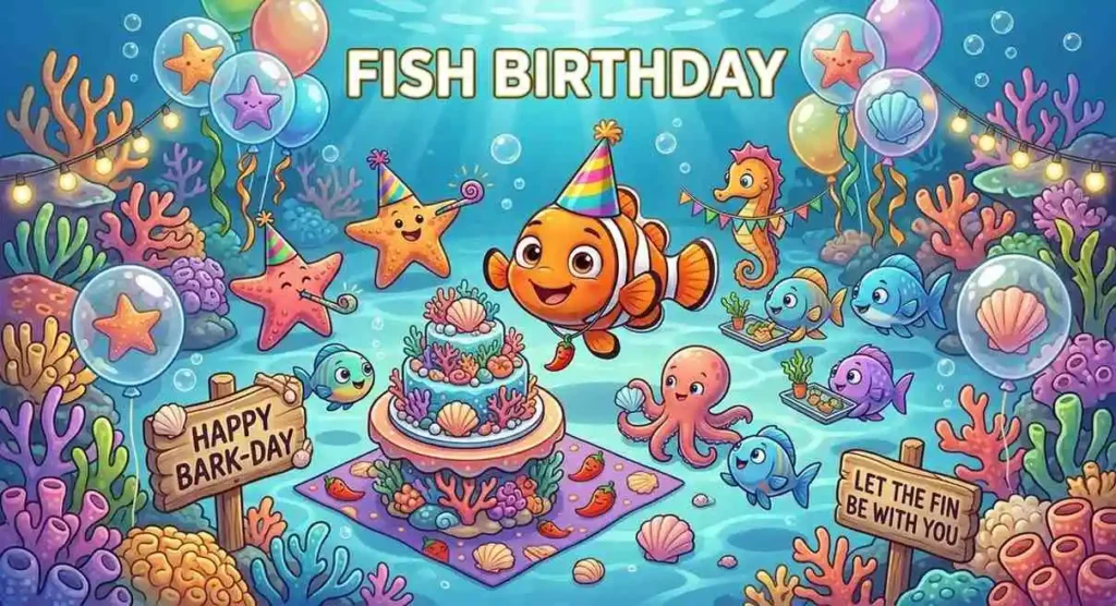 Cute fish celebrating birthday underwater