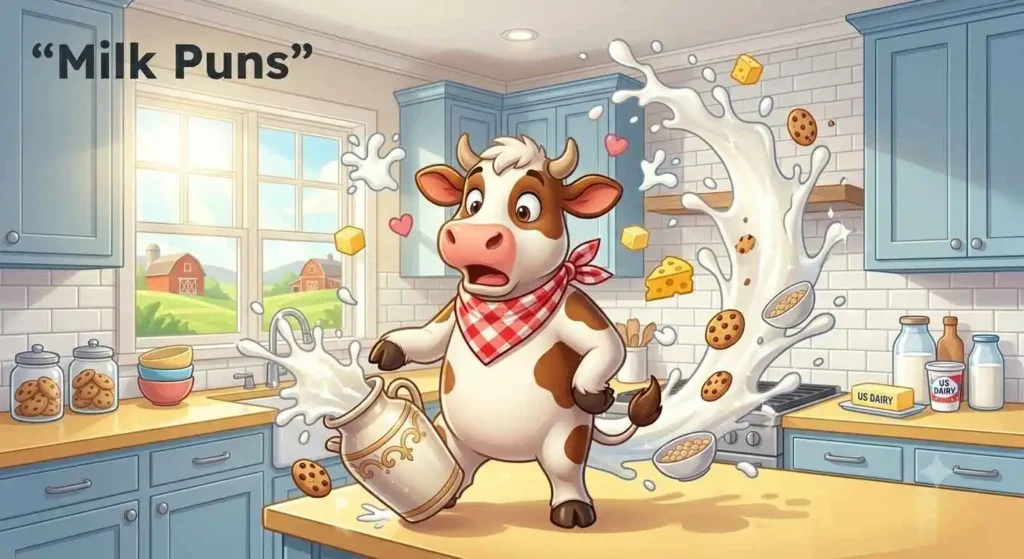 Funny cartoon cow spilling milk in kitchen scene.