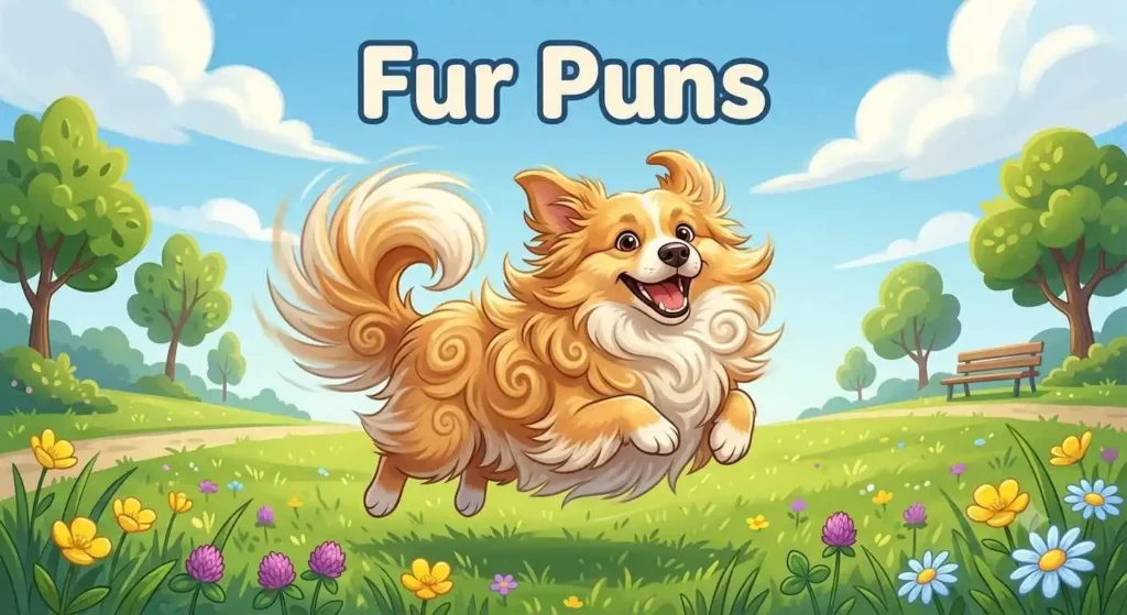 Fluffy dog with exaggerated fur humor
