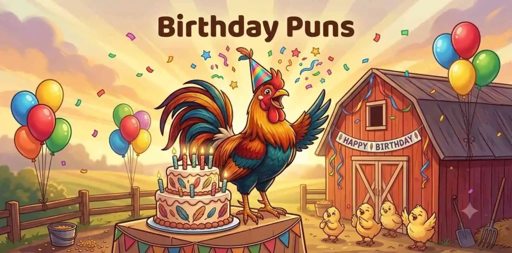 Rooster celebrating birthday with cake
