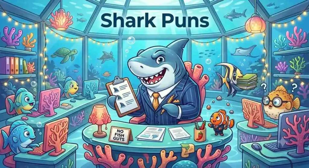 Funny shark in office suit making jokes