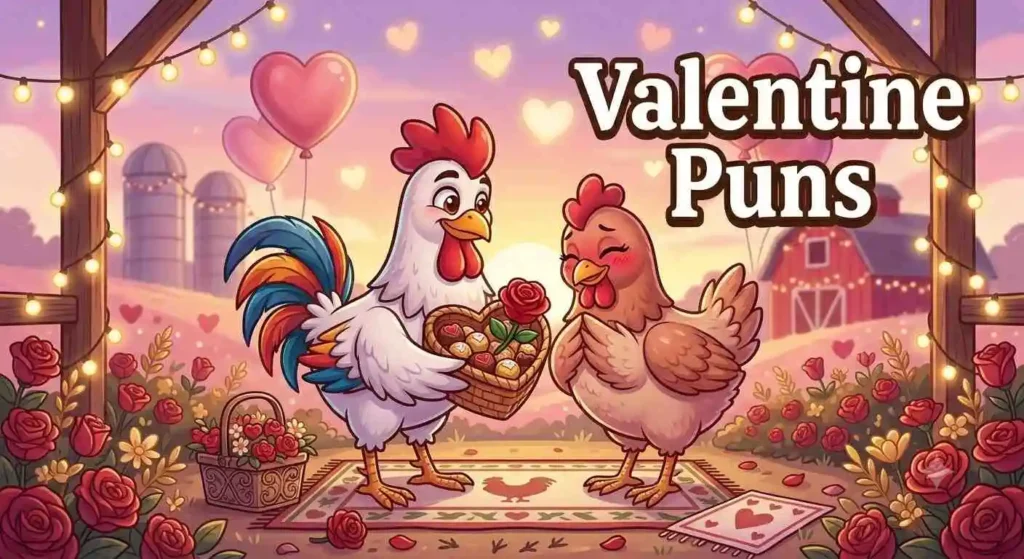 Romantic chickens with hearts and roses