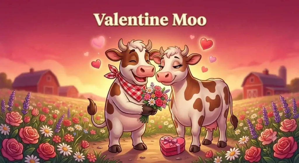 Cute cartoon cow couple sharing hearts on Valentine’s Day.