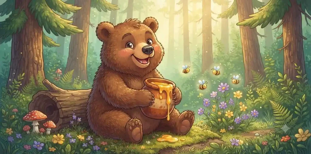 Smiling bear holding honey