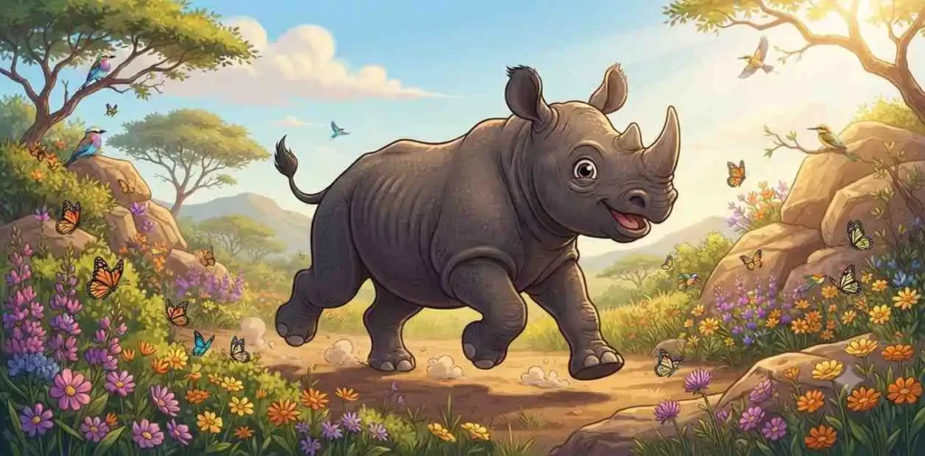 Playful black rhino calf
