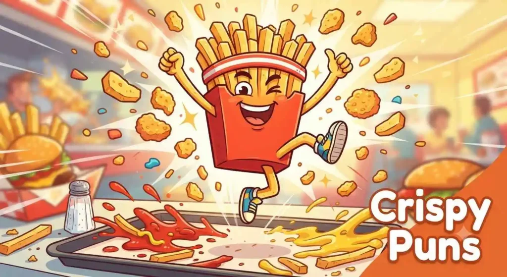 Crispy fries crunching cartoon scene