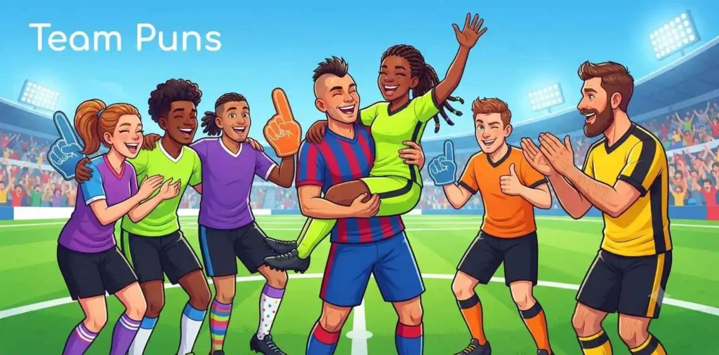 Football team celebrating together happily