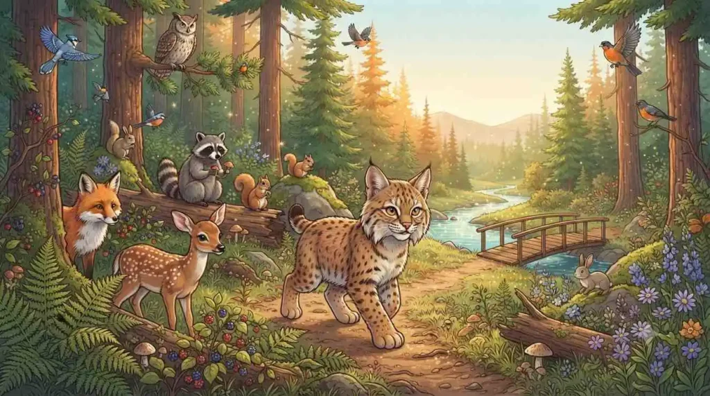 Bobcat with woodland friends