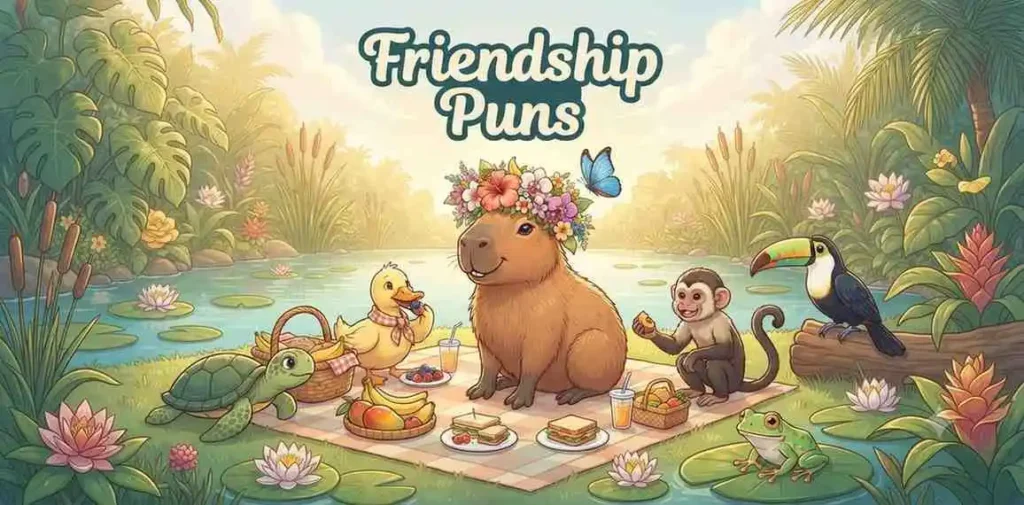 Happy capybara with animal friends