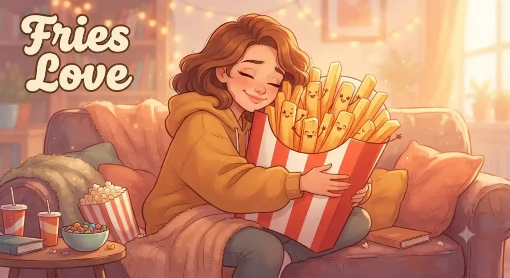 Person hugging fries cartoon funny