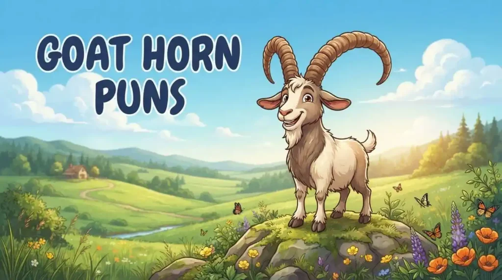 Smiling goat with curved horns