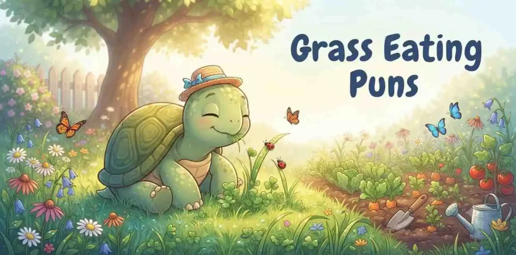 Happy tortoise eating grass