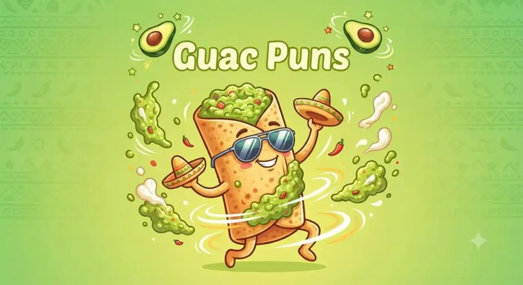Green guacamole burrito dancing happily
