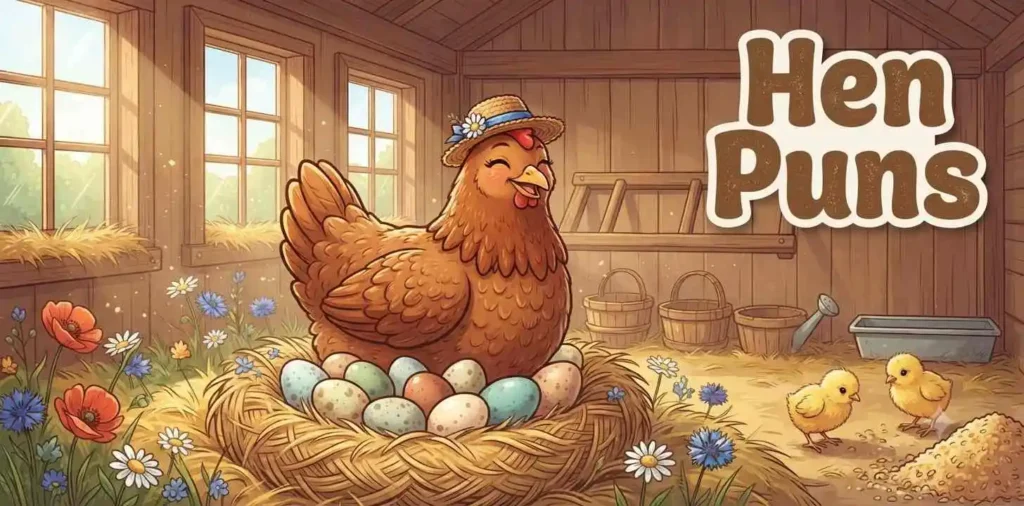 Smiling hen guarding eggs
