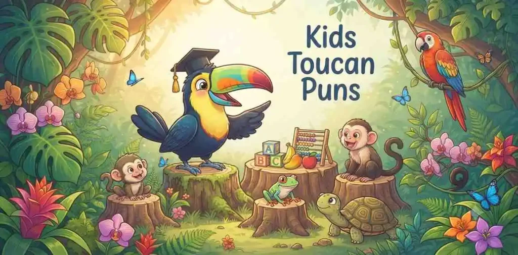 Happy toucan teaching kids