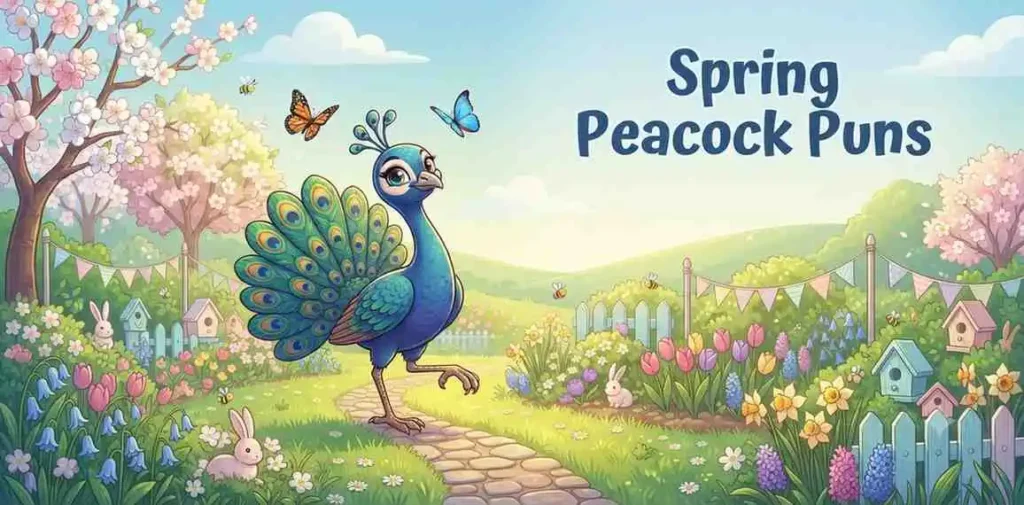 Spring peacock in flower garden