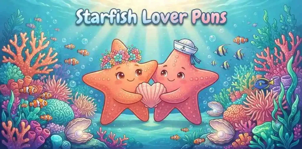 Happy starfish holding heart shell