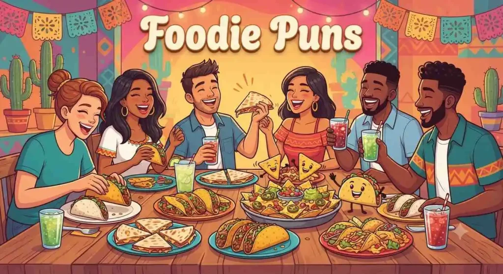 Friends sharing tacos cartoon scene