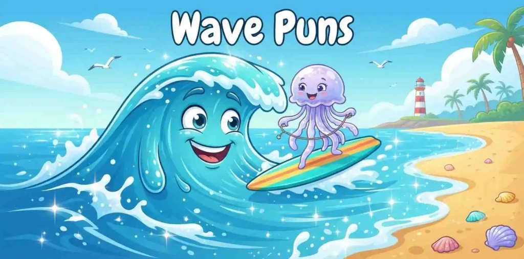 Happy surfing ocean wave character