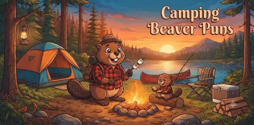 Beaver camping by fire