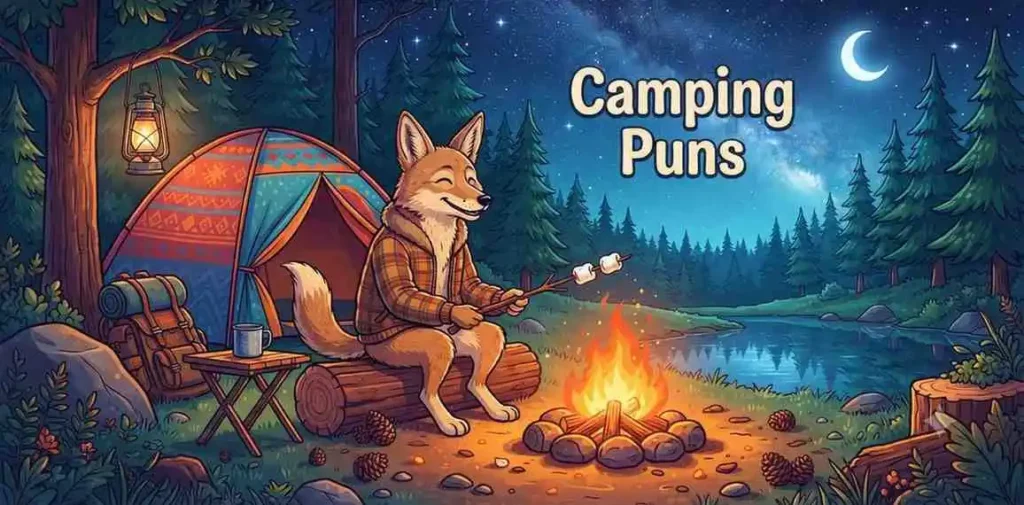 Cute coyote camping outdoors