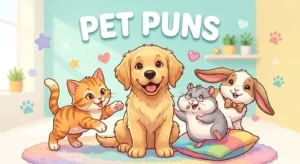 Cute cartoon pets making funny puns