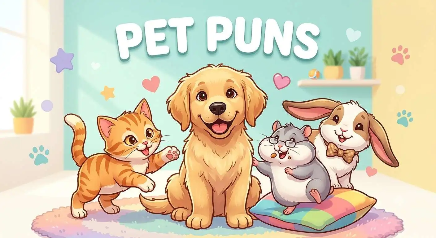 Cute cartoon pets making funny puns